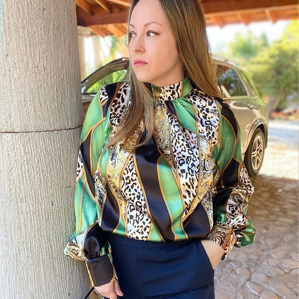 Women's Casual Long Sleeve Mock Neck Office Leopard Satin Blouse Top Shirt LARGE - Picture 3 of 4
